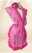 Conjunto Pañuelo y Delantal de Encaje Rosa, Pendientes y Flor