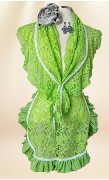 Conjunto Pañuelo y Delantal de Encaje Verde Claro, Pendientes y Flor