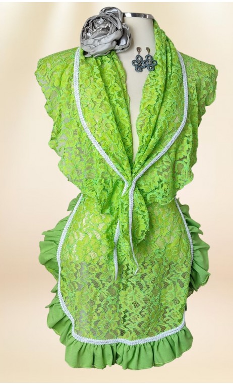 Conjunto Pañuelo y Delantal de Encaje Verde Claro, Pendientes y Flor
