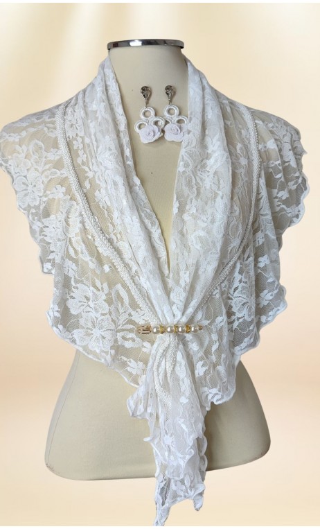 White Lace Scarf, Crochet Earrings Set & Brooch