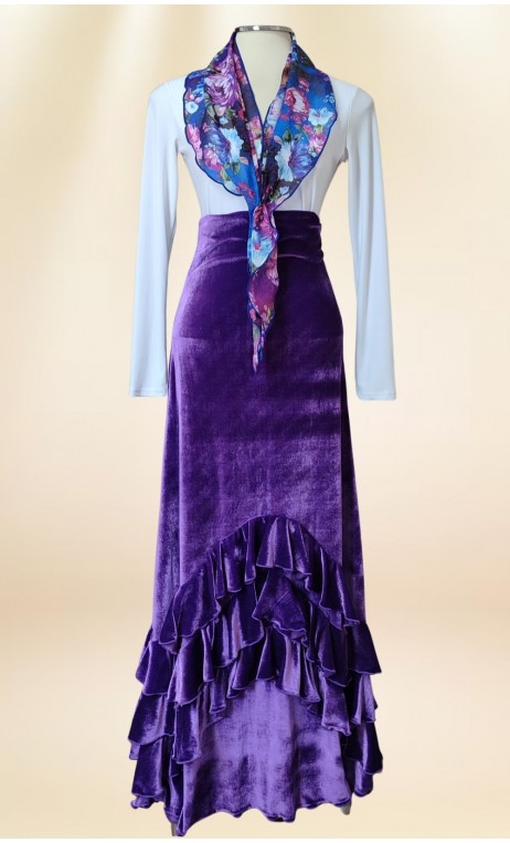 Conjunto de Saia Flamenca de Veludo Roxo c/Babados e Lenço Estampado