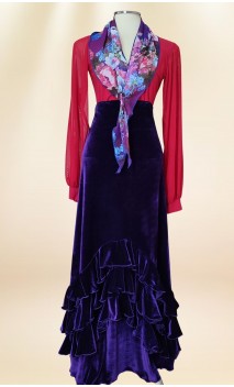 Purple Velvet Flamenco Skirt w/Ruffles and Scarf