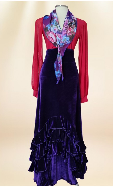 Conjunto de Saia Flamenca de Veludo Roxo c/Babados e Lenço Estampado