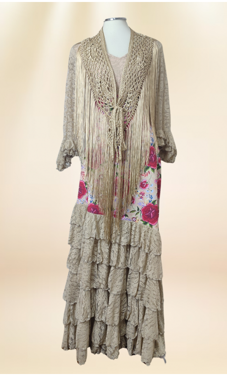 Floral Long Skirt w/Lace, Blouse & Fringe Set