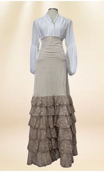 Beige Velvet Flamenco Skirt w/Lace & Crepe Ruffles