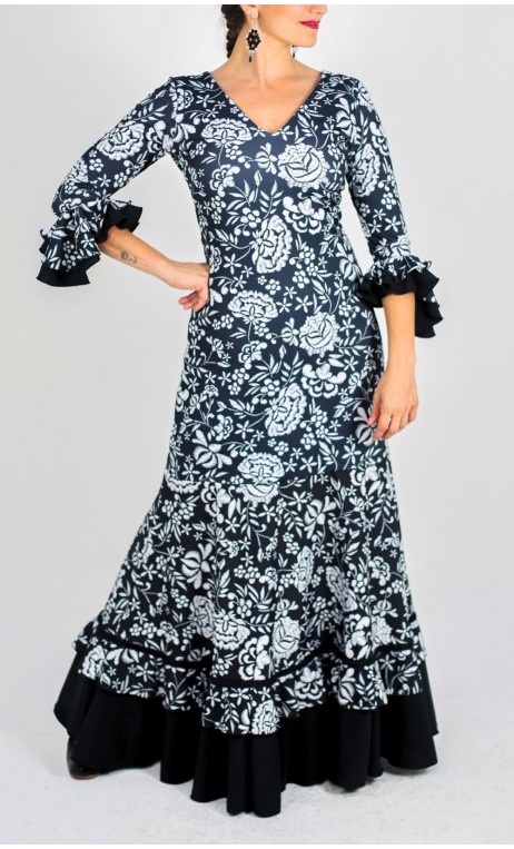 Vestido Flamenco Alicia Preto Floral Godê