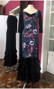 Black Long-Dress 3 Ruffles w/Floral Green