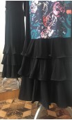 Black Long-Dress 3 Ruffles w/Floral Green