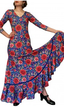 Floral Blue Mercedes Flamenco Godet Long Dress