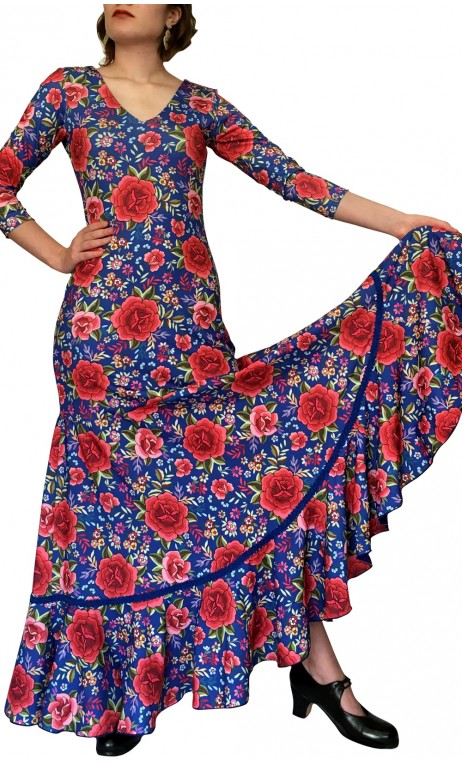 Vestido Flamenco Mercedes Azul Floral Godet