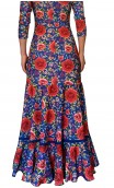 Floral Blue Mercedes Flamenco Godet Long Dress