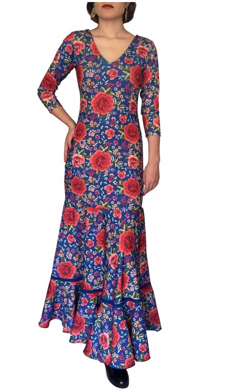 Floral Blue Mercedes Flamenco Godet Long Dress