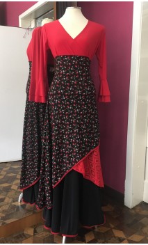 Black Floral w/ Red Lace Flamenco Skirt