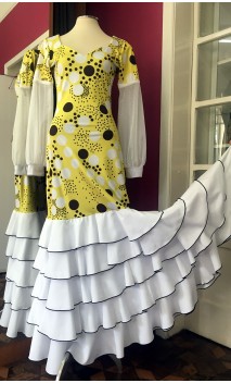 Yellow w/ Polka-dots Flamenco Long-Dress 5 Ruffles