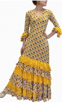 Vestido Flamenco Amarillo Floral c/Encajes