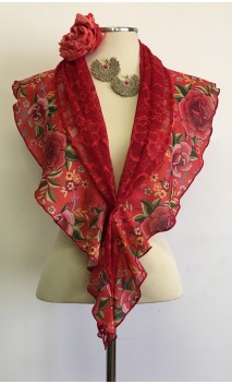 Printed Red Lace Scarf, Earrings & Flower for Hair
