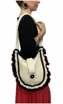 Light Beige & Black Crochet Bag w/Ruffle