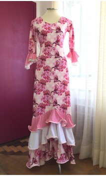 Vestido Flamenco Rosa Floral 3 Volantes