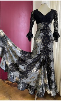 Falda Flamenca Negra y Gris Floral Extra Godet