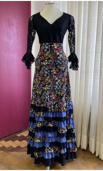 Floral Black Flamenco Skirt 12 Ruffles