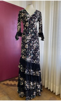 Floral Black Flamenco Dress 6 Ruffles w/Lace