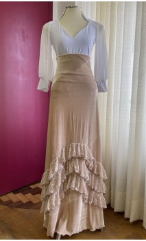 Beige Velvet Flamenco Skirt w/Lace Ruffles