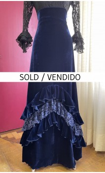Blue Velvet Flamenco Skirt w/Lace Ruffle