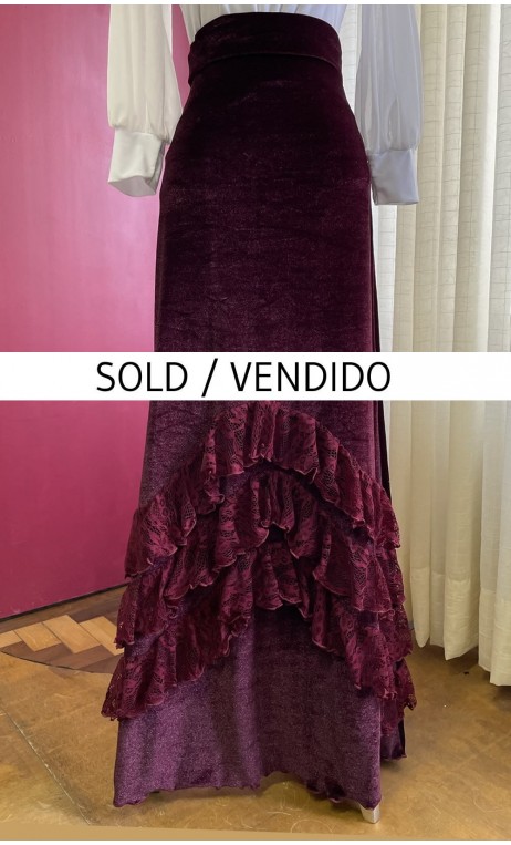 Burgundy Velvet Flamenco Skirt w/Lace Ruffles