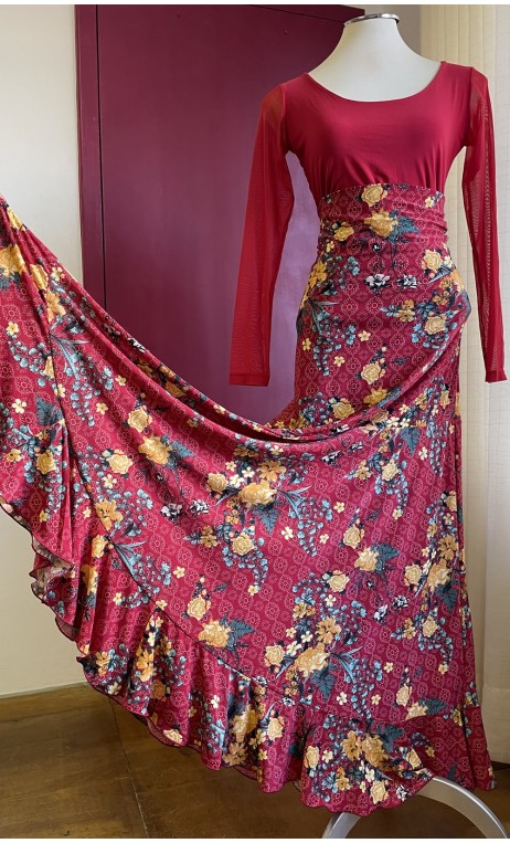 Floral Red Godet Flamenco Skirt